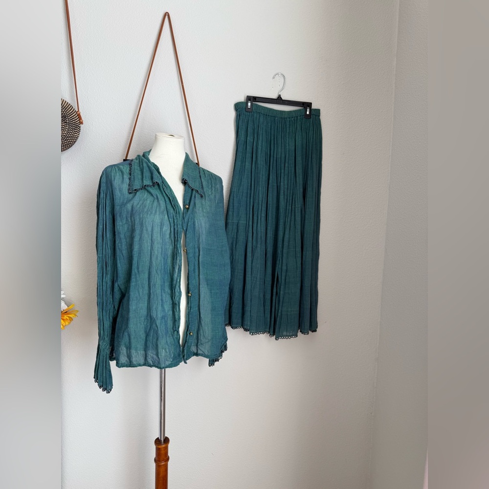 Vintage Other Destination Green Cotton Beaded Button Top & Skirt Set, Size Small